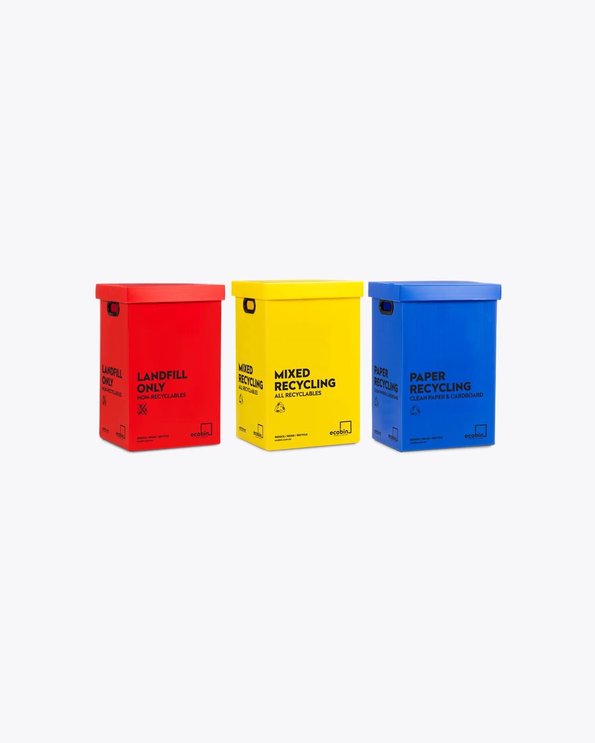 Set of 3 Bins | Paper, Mixed Recycling & Landfill | 60 Litres Ecobins (Optional Lids)