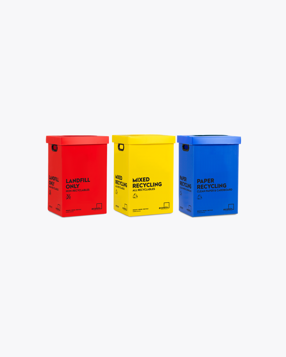 Set of 3 Bins | Paper, Mixed Recycling & Landfill | 60 Litres Ecobins (Optional Lids)